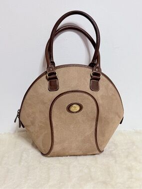 Antigua Beige Suede Dome Handbag with Brown Trim - Classic Women’s Bag